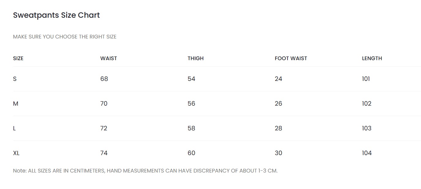 Sweatpant size chart