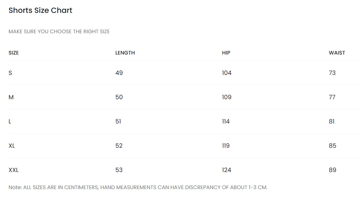 Shorts Size Chart